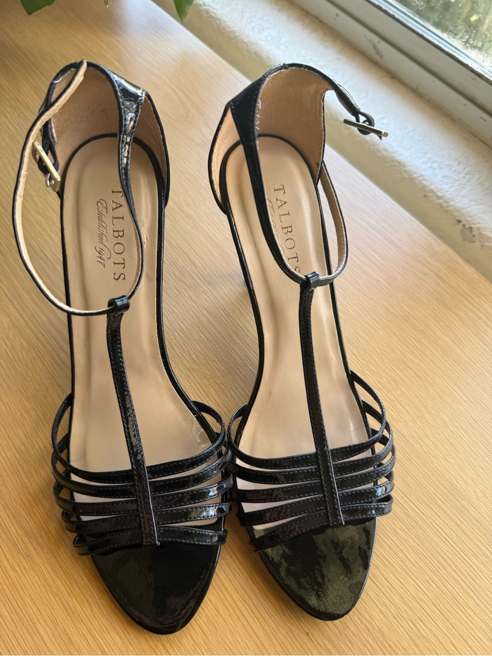 Talbots Black Patent T-Strap Heeled Sandals